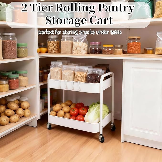 2 Tier Metal Rolling Cart with Wheels for Under Desk Storage &amp Pantry Storage High Load-Bearing Kitchen Utility Cart for Small Space Laundry Room Organization Side Table with 4 Hooks White