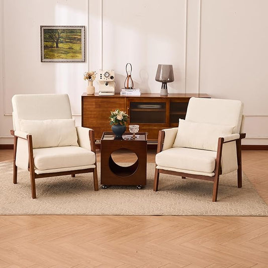 Accent Chairs Set of 2 Mid-Century Modern with Lumbar Support Pillow Upholstered Living Room Chairs with Wooden Chenille Armchair with Cushion Anthropologie Side Chair for Bedroom Beige