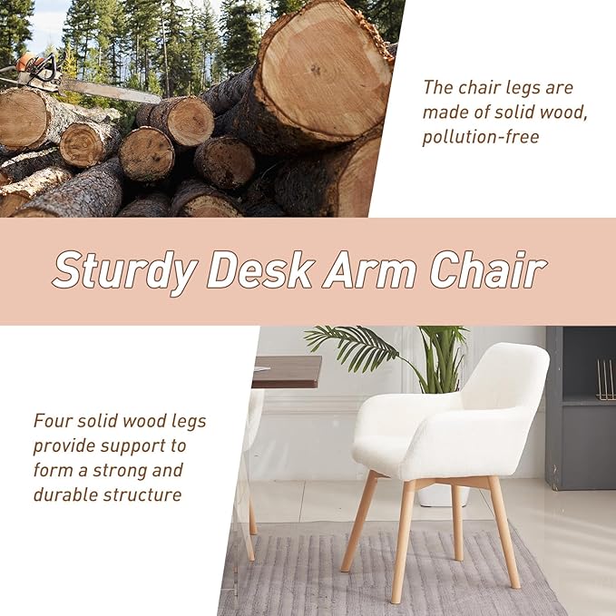 Desk Chair No Wheels Vanity Chair Makeup Chair Comfy Accent Chair for Living Dining Room Bedroom Home Office Mid Century Modern Upholstered Armchair Sofa with Wood Legs (Wool White 1)
