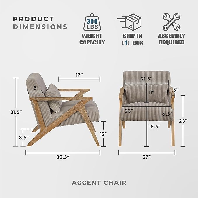 Lexicon Mid Century Modern Accent-Chair with Lumbar Pillow Brown Solid Wood Frame Comfy Corduroy Upholstered Lounge Arm Chair for Living Room/Bedroom/Office/Reading Nook Assembly Required Taupe