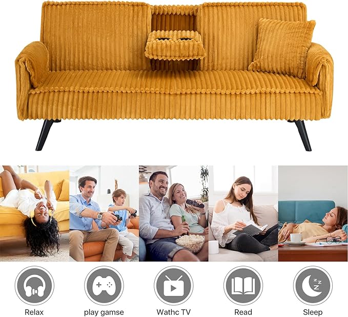 Convertible Folding Futon Sofa Bed with Metal Legs &amp 2 Cupholders Modern New Upholstered Couch Loveseat Sleeper Folding Couches Bed Removable Armrests for Small Spaces (Orange New)
