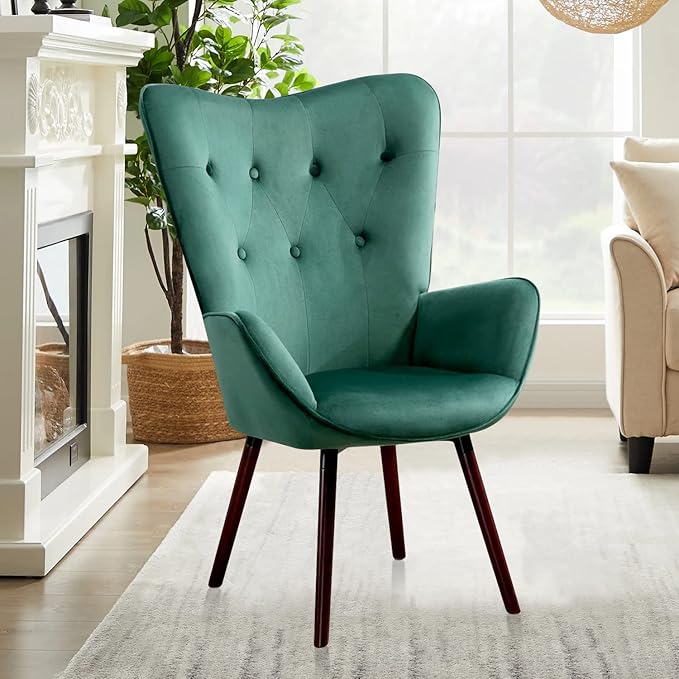 FurnitureR Velvet Accent Chair Modern Wingback Tufted Vanity Armchair Upholstered Tall Back with Arms Solid Wood Legs Lounge Leisure Chair for Living Room Bedroom Waiting Room Dark Green