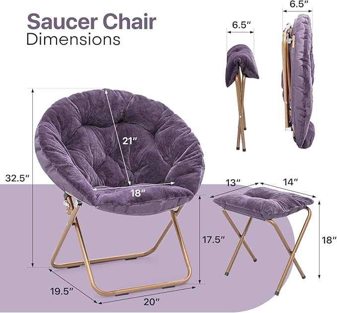 Comfy Saucer Chair Set of 2 with Footrest Metal Frame Cozy Lounge Lazy Chair Folding Faux Fur Round Saucer Chair for Adults Foldable Papasan Moon Chair for Living Room Dorm Bedroom