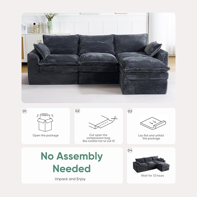 113 Modular Sectional Sofa Oversized L-Shape Cloud Sectional Couch with Deep Seat Modern Boneless Cloud Couch with Side PocketsUpholstered Comfy Sectional Couch for Living Room CorduroyGrey | No