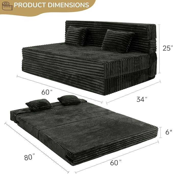 Folding Sofa Bed Queen Size Convertible Sleeper Chair Loveseat with Pillow Futon Chair Sofa Bed Fold Out Floor Couch Foldable Mattress for Living Bedroom Guest Room Dorm Charcoal Moss Grey