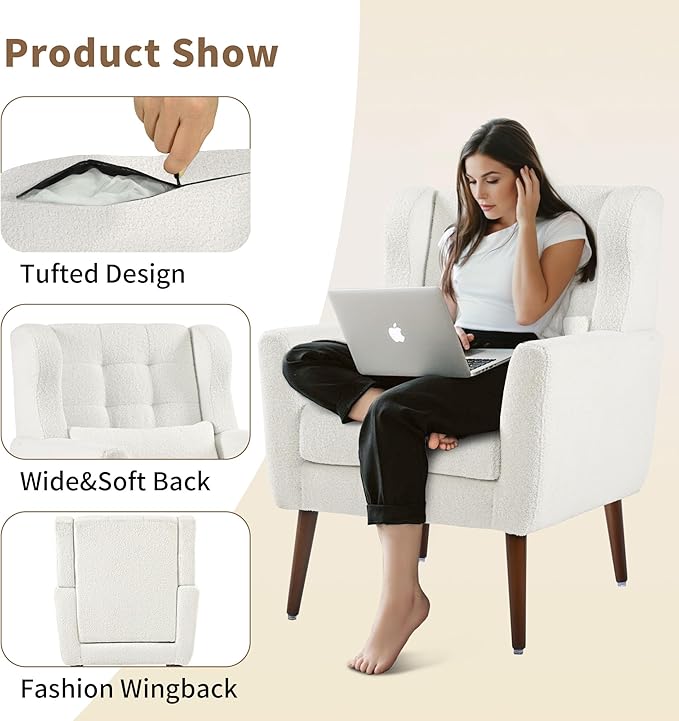 Modern Accent Chair Upholstered Arm Chair with Waist Pillow Single Sofa Chair for Living Room Bedroom Small Spaces (White)