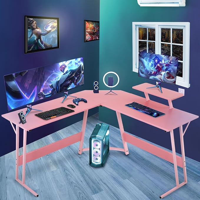 L Shaped Gaming Desk Computer Corner Desk PC Gaming Desk Table with Large Monitor Riser Stand for Home Office Sturdy Writing WorkstationPink