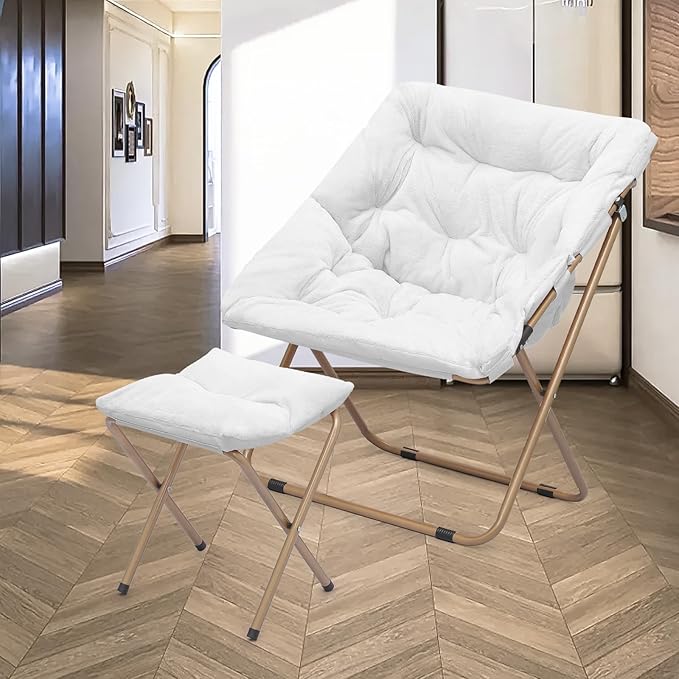 Athena Collection Comfy Saucer Chair and Ottoman Set of 2 for Adult Comfortable Faux Fur Square Oversize Folding Reading Chair with Metal Leg Lazy and Cozy for Bedroom Living Room White