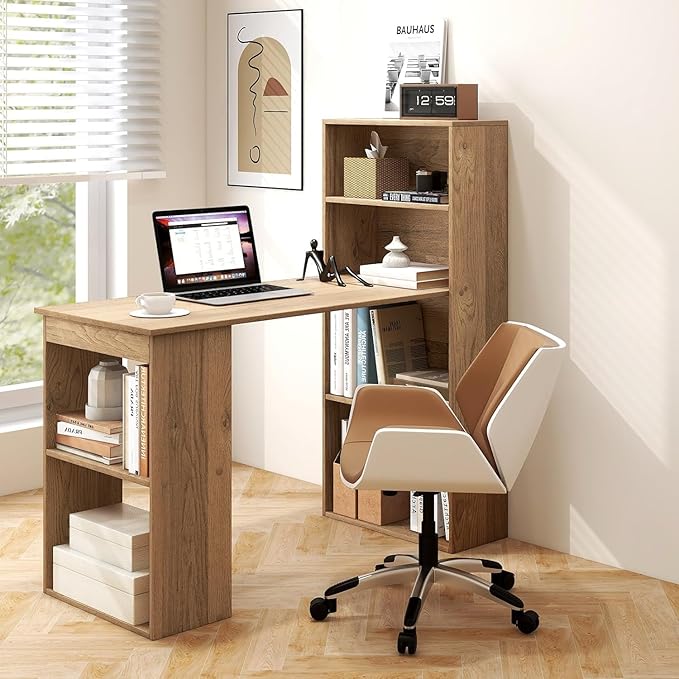 LDAILY Computer Desk with Bookshelf 48” Modern Office Desk w/ 6-Tier Storage Shelves CPU Stand Wider Base 3-in-1 Reversible Study Table Writing Desk for Home Office Bedroom Study Room (Natural)