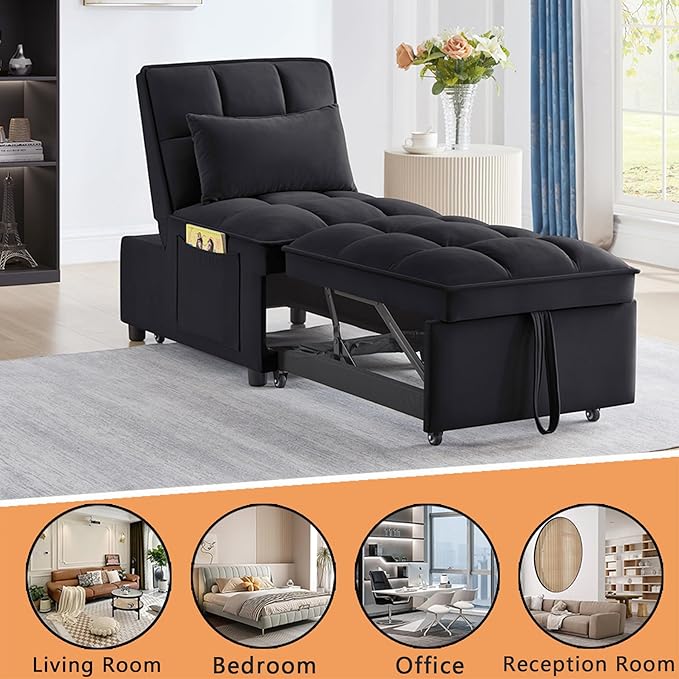 4 in 1 Bouncer with Pull-Out Bed Convertible Slip on Sofa Chair with Storage Pockets and Adjustable Backrest Comfortable Folding Footrest Bed Living Room (Black)
