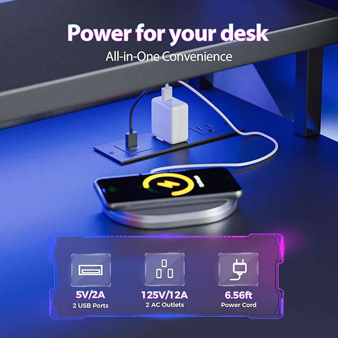 Mericonia Gaming Desk with Power Outlets &amp LED Lights Reversible Computer Desk with PC Case Stand Fabric Drawers Modern Office Desk with Shelves Monitor Stand
