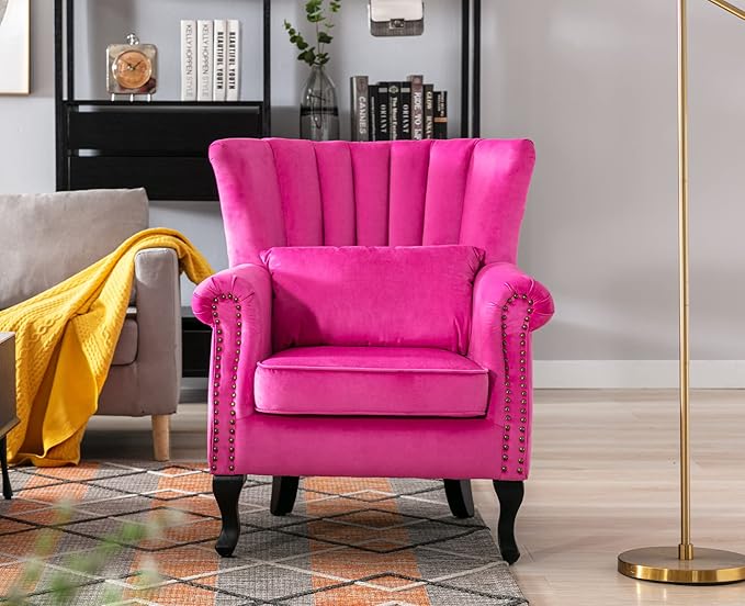 Kmax Rose Accent Chair Velvet Wingback Chair with Pillow Nail-Head Channel Tufted Oversized Club Chair for Living Room Bedroom Guest Room