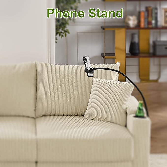 42 W Comfy Living Room Chair with Storage Armrest Corduroy Accent Chair with Two Cup Holders Oversized Reading Chair with A Phone Holder Rack for Living Room (Beige)