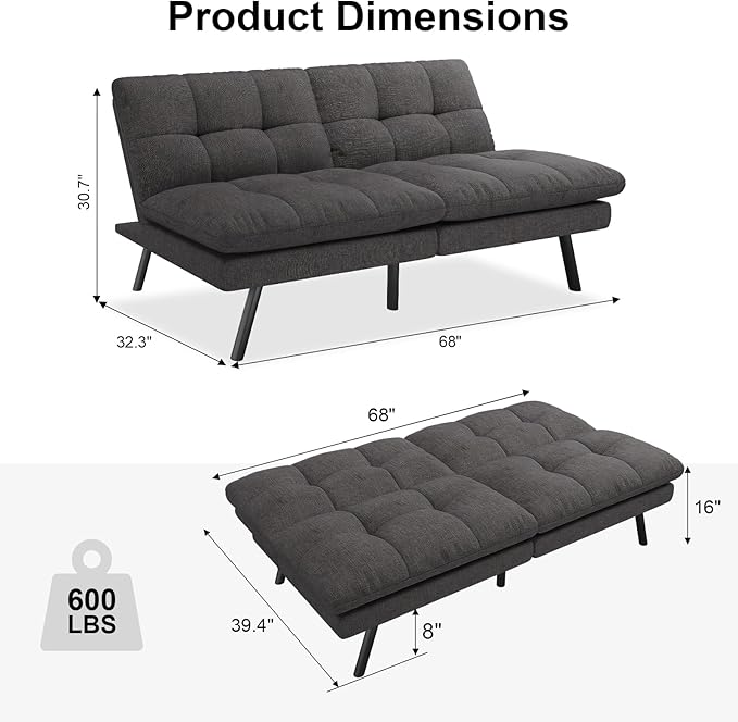 MUUEGM 68 Futon Sofa Bed with Memory FoamFuton Couch with Adjust Backrest Couches Bed for Living RoomStudios Apartments Dormitories Offices and Game RoomsBlack