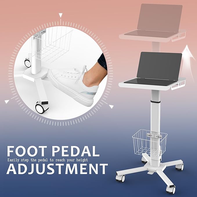 Adjustable Height Portable Laptop Desk with WheelsWhite Computer Cart on WheelsStanding Mobile Desk Workstation Utility Medical Cart