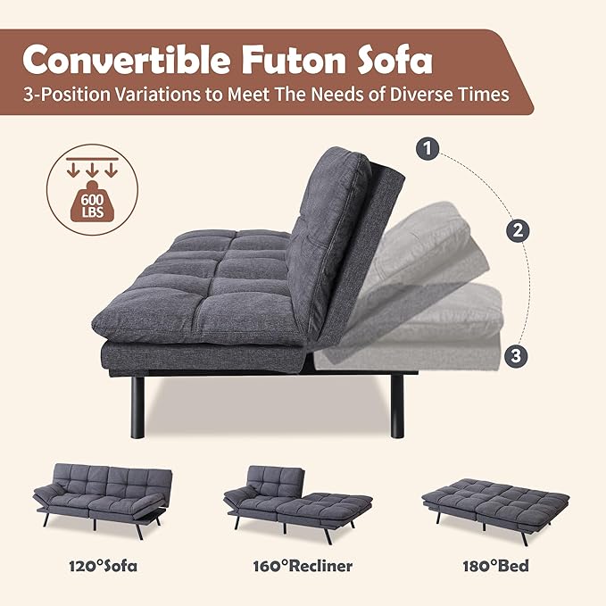 Hcore Futon Sofa Bed Memory Foam Sofa Bed 71 L x 31 W x 16 H Dark Grey