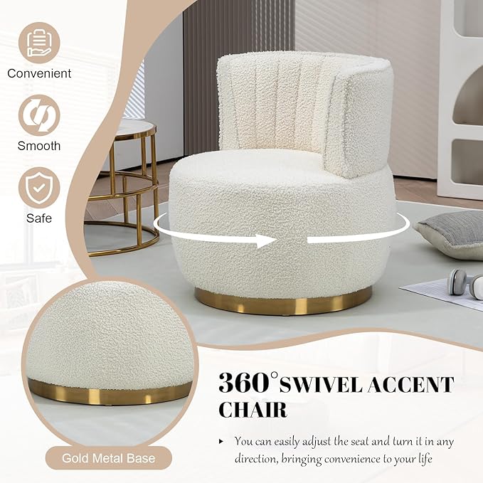 360 Degree Swivel Accent Chair Comfy Round Swivel Barrel Chair with Mental Base Upholstered Cozy Reading Armchairs Modern Lounge Sofa Chairs for Living Room Bedroom Club Office(Teddy Cream)