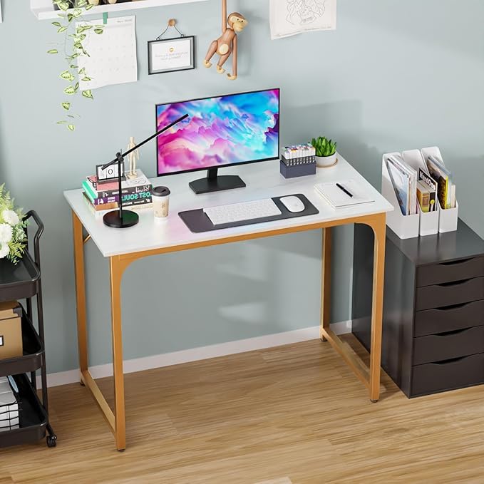 Bigacc Computer Desk Office Desk with Metal Frame Adjustable Feet | Water-Resistant Scratchproof Surface | Sturdy Writing Table for Home Office or Study (White Gold 39 Inch)