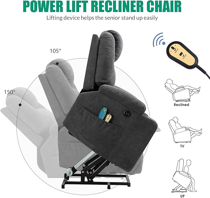 VIVIJASON Power Lift Chair Electric Recliner for Elderly Heated Vibration Massage Fabric Recliner Chair with 2 Remote Controls Cup Holders Side Pockets &amp USB Ports for Living Room (Grey)