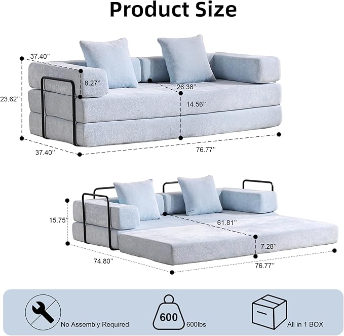 Convertible Floor Sofa Bed Fold Out Floor Couch with Pillow Back &amp Armrest Compressed Couch with Fixed-Shape Frame Chenille Foldable Sleeper Sofa Bed for Living Room Bedroom Light Blue