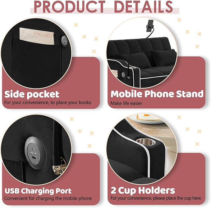 3 in 1 Convertible Sofa Bed Velvet Pull Out Couch Bed w/ Adjustable Back Love Seat Sleeper Beds w/ USB Ports &amp Cup Holders Phone Stand Full Size Futon Couch for Living Room Small Spaces (Black