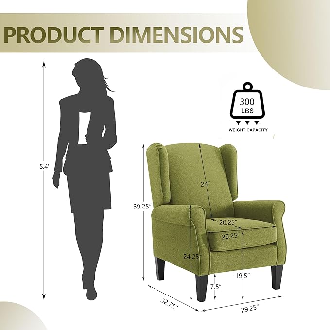Accent Chair for Living Room High Back Reading Armchairs with Removable Seat Cushion Mid-Century Green Single Couch in Fabric Modern Ergonomic Wingback Chair for BedroomClub Balcony