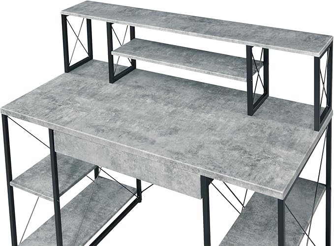 Penau Gray Finish Writing Desk Spacious Storage with Metal Frame Modern Design for Home Office Creative Studio Compartment Style