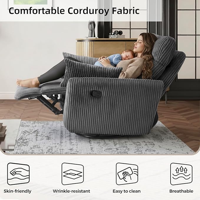 Swivel Recliner Chair for Adults Corduroy Nursery Glider Rocking Chair Armchair with 2 Pillows Comfy High Back Reclining for Small Spaces Nursery Bedroom Living Room (Corduroy Gray 1 Pack)