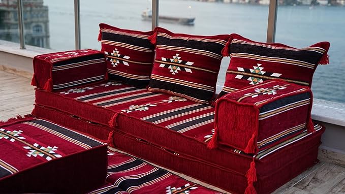 arabicsofa Maroon Turkish Low Floor Seating Sofa – Traditional Arabic Majlis Cushions