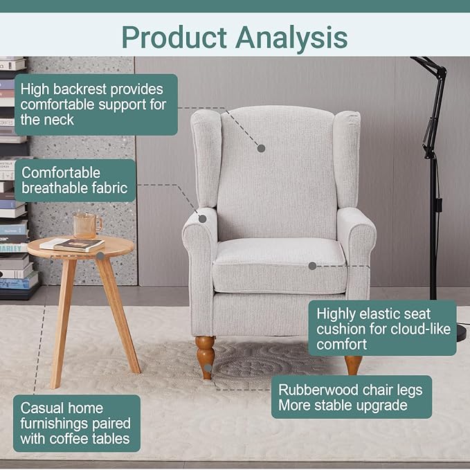 ZMAD Accent Chair Upholstered High Back Floral Armchair Wood Legs Comfy Wingback Reading Single Sofa ChairPlus a Solid Wood Coffee Table for Small Spaces Living Room Bedroom (Beige)