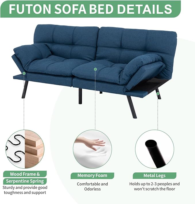 MUUEGM 71 Futon Sofa Bed Convertible Couch Bed Modern Loveseat with Adjustable Backrest&ampArmrest Sofas for Living RoomGame RoomDormitoryOffice.Blue Fabric