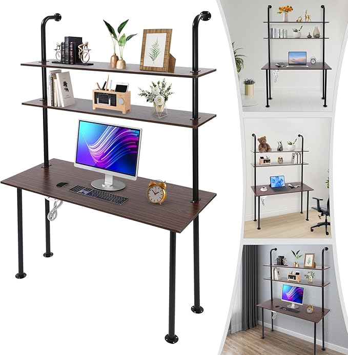 2-Shelf Industrial Wall Mount LadderWall Mount Computer Desk Writing DeskIndustrial Bookcase Desk with ShelvesFloating Desk with Storage Wall Table for Home Office Brown (47.2×20×79)