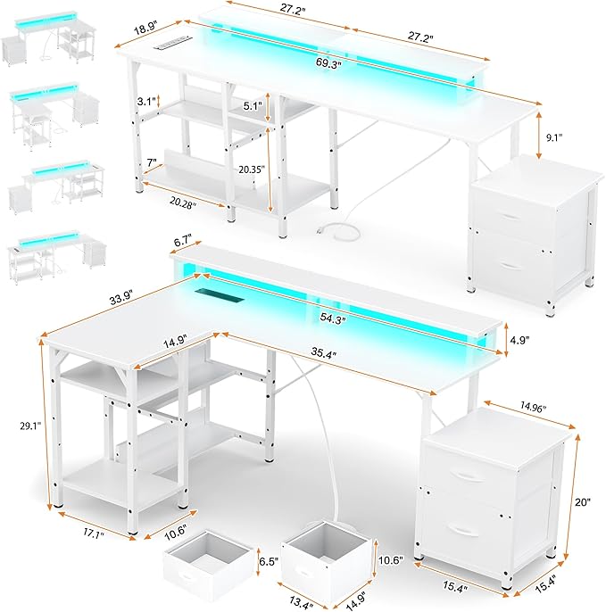 Office Desk L Shape with File Drawers&ampPower OutletYOUNGAR 69.3 Inch Reversible L Shaped Computer DesksCorner L Shape or Long Desk Set up Monitor Stand &ampStorage Shelves LED Lights&ampCPU Sta