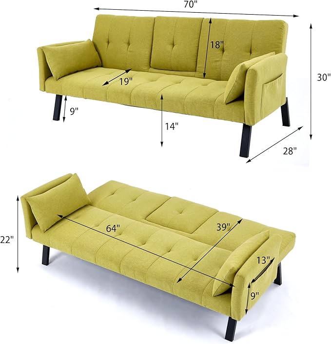 70 Convertible Sofa Bed Modern Futon CouchAdjustable Backrest Cotton Linen with Cup Holders and 2 Throw Pillows Sleeper Sofa for Living Room Apartment Small Space (Green)