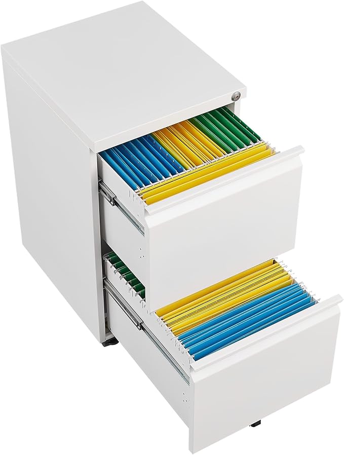 2 Drawer File Cabinet with LockMetal Under Desk Rolling Filing Cabinet fits Letter/Legal/A4 Size for Home OfficeMobile Filing CabinetOne-piece Molded Handles360°Swivel WheelsAnti-dumping (White)