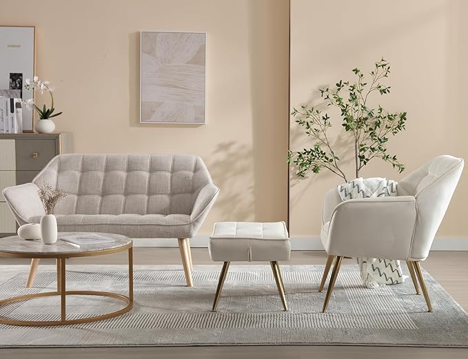 Velvet Accent Chair with Ottoman Modern Upholstered Reading Chair with Ottoman Comfy Lounge Armchair with Gold Metal Legs for Small Spaces Living Room Bedroom Book Nook Off White