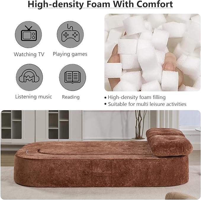 Hommoo Compression Sofa Convertible Sofa Bed Folding Sleeper Futon with Back Armrest 2 in 1 Floor Lounge Couch Chenille Fabric Foldable Mattress Couch for Living Room/Guest Room/Apartment Orange