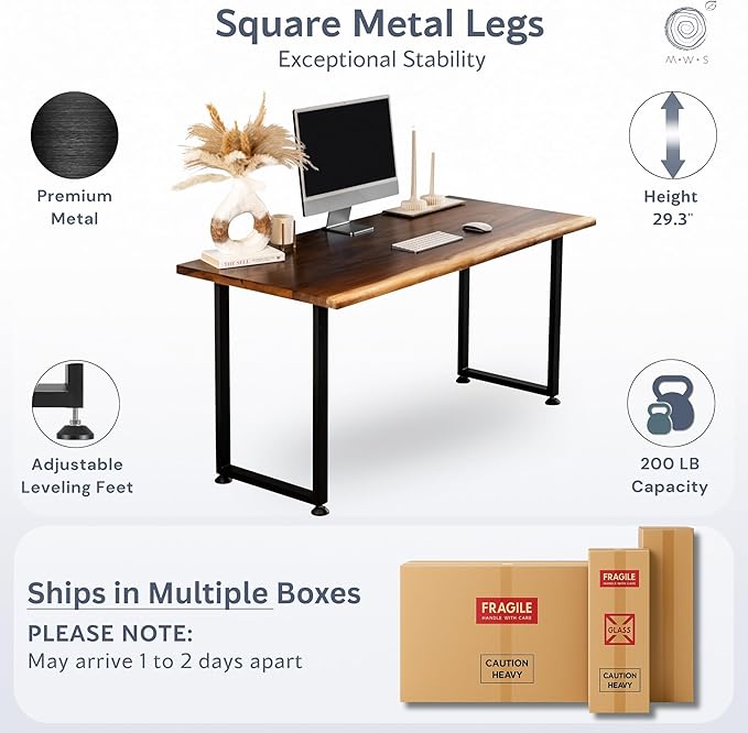 Wood Computer Desk with Monitor Stand - 48x27 Solid Wood Desk Live Edge Walnut Desk Sturdy Metal Legs - Scratch and Stain Resistant Finish - Premium Quality