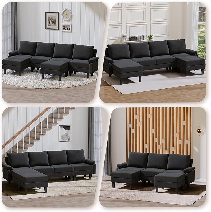 115 Modular Sectional Sofa U Shaped Sectional Comfy Couch for Living Room Convertible Modular Sofa Couch with Ottomans and Chaise High Supportive &amp Soft Sponge 6 Seats Black