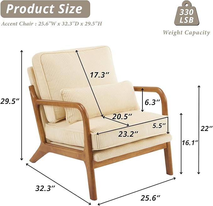 Karl home Mid-Century Modern Accent Chair Living Room Chairs with Pillow Corduroy Upholstered Lounge Armchair with Solid Wood Frame &amp Soft Cushion for Bedroom Reading Room Beige &amp Yellow