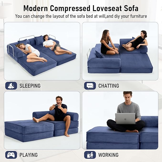 78 Convertible Sleeper Sofa Bed Modular Corduroy Couch with 2 Pillows Compressed Floor Sofa for Living Room Bedroom (Blue)