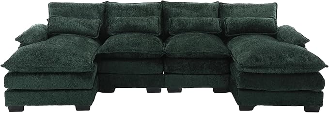 QQU 110.63 W U-Shape Modern Sectional Sofa Couch with Plastic Leg Upholstery Chenille Modular Sectional Sofa Bed with Memory Foam Large Sleeper Couch Chaise Lounges for Living Room(Emerald)