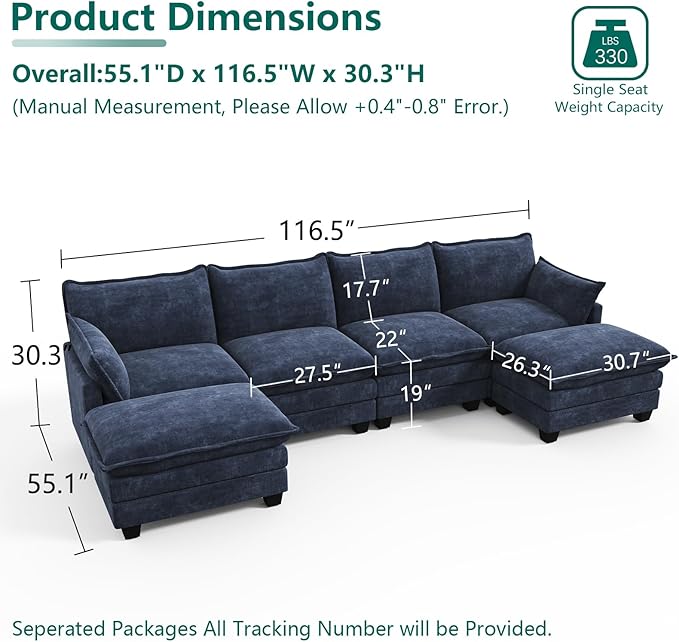 Modular Sectional U Shaped Sofa Couches for Living Room Cloud Couch with Movable Ottoman Comfy Chenille Sofa with Pillow for Bedroom and ApartmentBlue