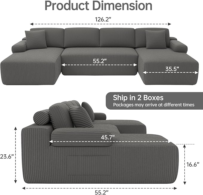 DURASPACE 126.2'' U Shaped Oversize Modular Sectional Sofa with Chaise Cloud Boneless Comfort Sectional Sofa Couch Deep Seat Couch Convertible 4-Seater for Living Room No Assembly Required