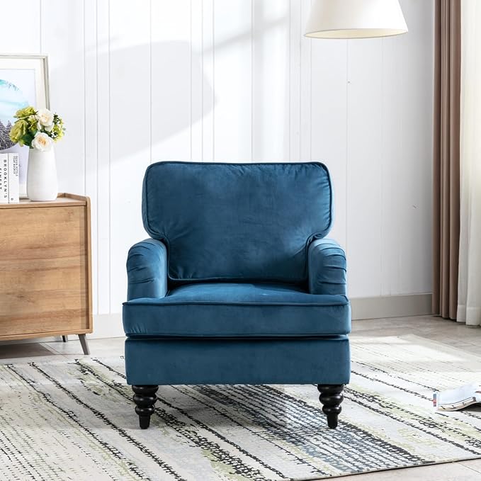 chairus Mid Century Modern Velvet Accent Chair Vintage Club Armchair with Firm Supportive Seat &amp Soft Backrest Comfy Single Sofa Reading Chair for Living Room Bedroom Blue