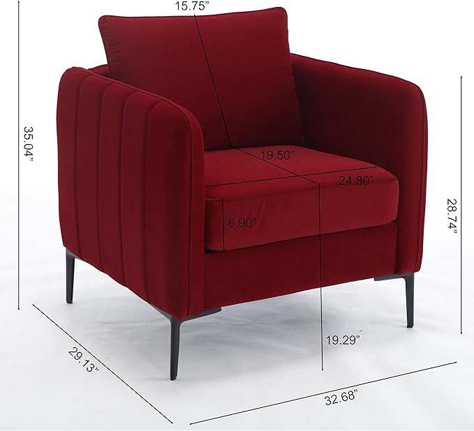 KEIKI Cloud Chair for Living Room Soft Velvet Single Seat Sofa with Bold Armrests and Metal Frame Comfy Accent Chair for Bedroom and Office Wine Red