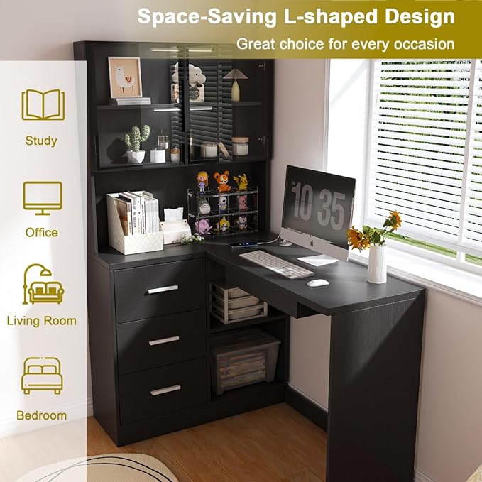 Ergonomic L-Shaped Design Housheold Glass Cabinet Computer Desk with LED Lights USB Ports &amp Keyboard Tray for Home Offices and Corporate Spaces (Black)