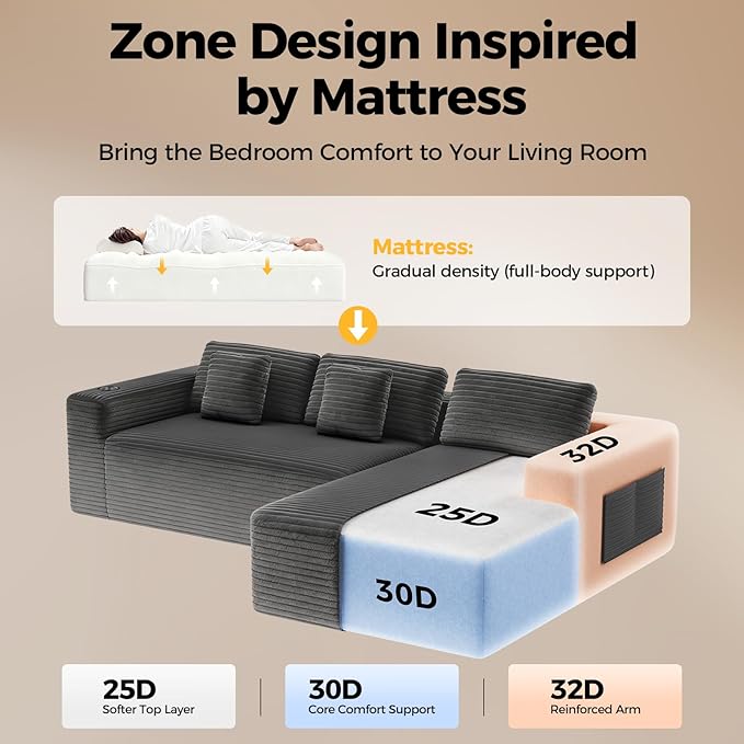 108” Cloud Sectional Couch Modern Modular Sectional Sofa with Deep Seat Corduroy Boneless Couches with Chaise L-Shaped Sofa for Living Room 4 Storage Pockets (Right Facing Chaise Grey)