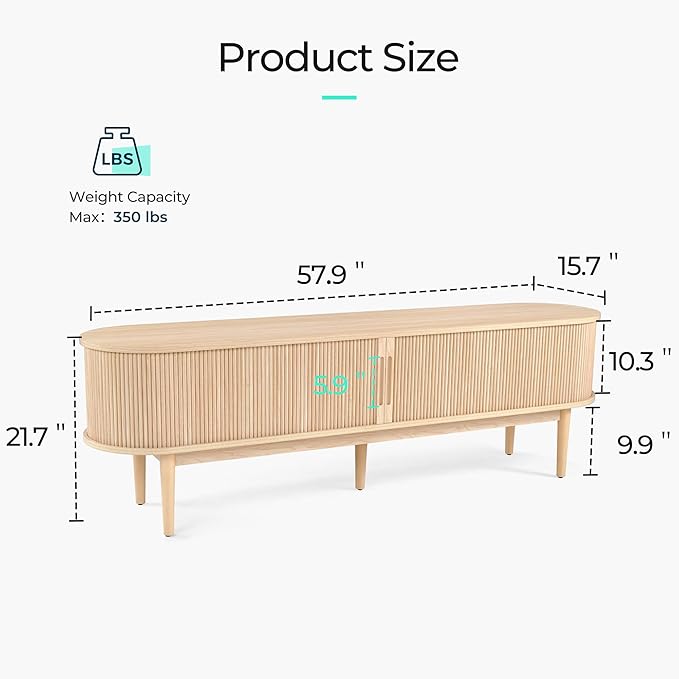 LINSY HOME 58 Fluted TV Stand for TVs up to 65 Inch Mid Century Modern Entertainment Center with Storage Cabinet and Sliding Doors Farmhouse Wood Media TV Console for Living Room Bedroom Oak