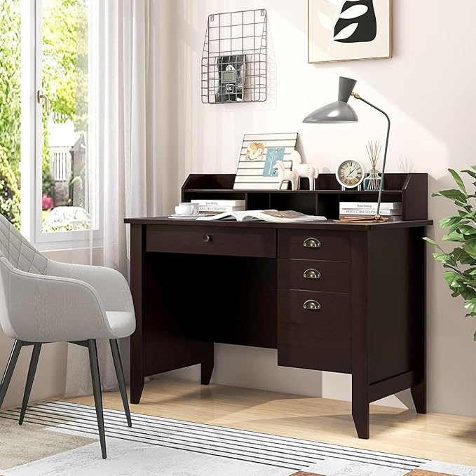 GOFLAME 48” Computer Desk with Hutch Vintage Home Office Desk with Storage Drawers &amp Shelves Space Saving Laptop PC Table Wooden Study Writing Workstation Brown